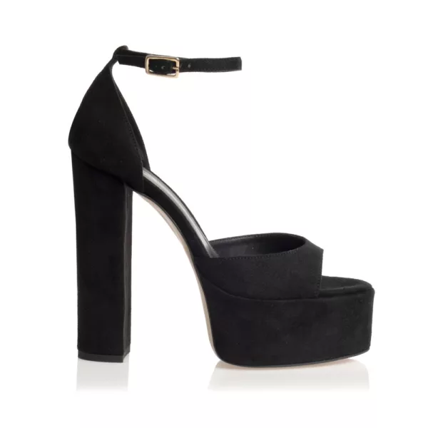 Sante Μαύρo Πέδιλο Suede με Χοντρό Τακούνι και Λουράκι στον Αστράγαλο