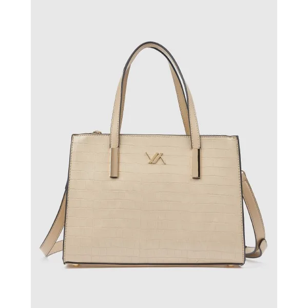 Verde Τσάντα Χειρός Μπεζ με Ανάγλυφη Υφή Croco