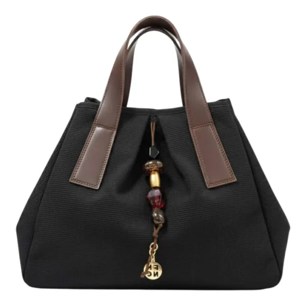 FRNC Γυναικεία Τσάντα Χειρός Μαύρη με Καφέ Δερμάτινες Λεπτομέρειες