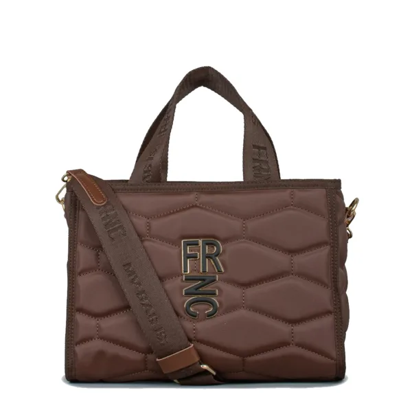 FRNC Καφέ Καπιτονέ Τσάντα Χειρός με Μεταλλικό Logo & Φαρδύ Λουρί Χιαστί