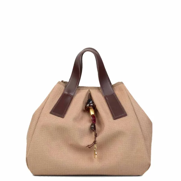 FRNC Γυναικεία Τσάντα Χειρός Μπεζ με Δερμάτινες Λεπτομέρειες