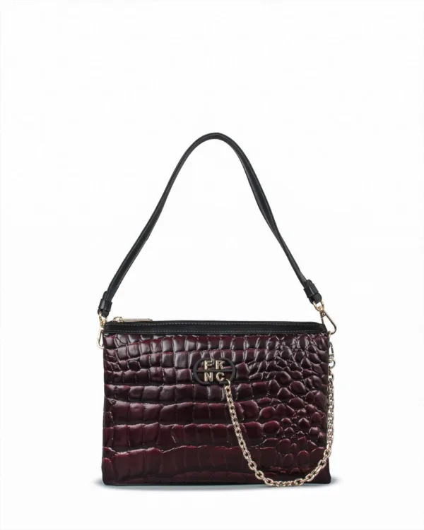 FRNC Μπορντό Croco Τσάντα Ώμου με Λουράκι & Αποσπώμενη Αλυσίδα Χιαστί