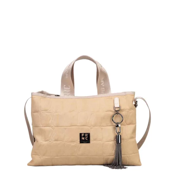 FRNC Beige Τσάντα Χειρός & Ώμου με Croco Υφή & Μεταλλικό Charm