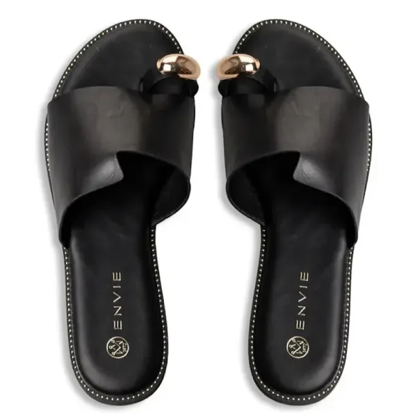 Envie Μαύρα Flat Slides με Μεταλλική Διακόσμηση