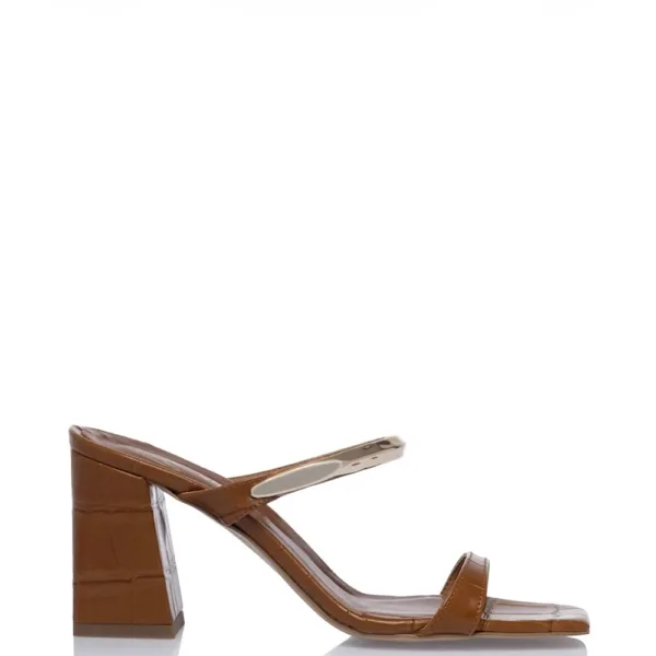 Sante καφέ πέδιλα mules με croco υφή & μεταλλική λεπτομέρεια