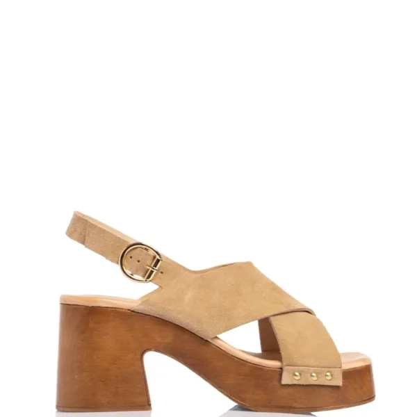 Sales! 471 Sante D2D Leather Collection Πέδιλο Μπέζ με Ξύλινη Φιάπα