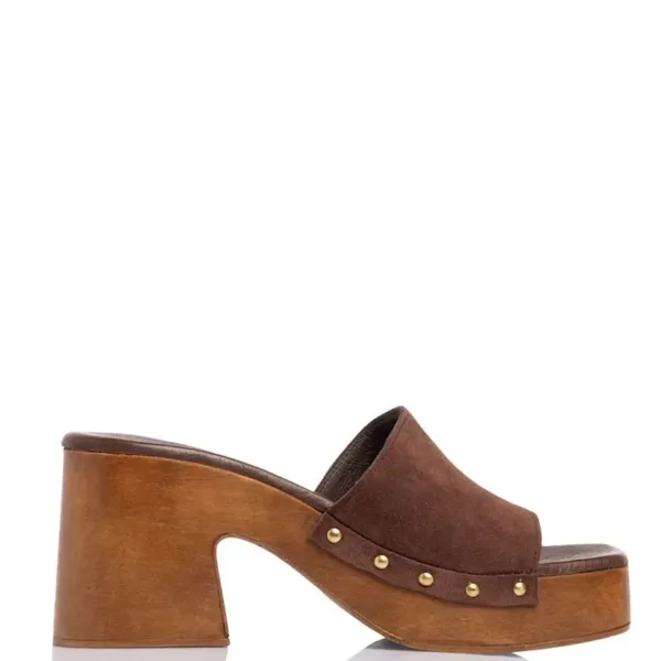 Sales! 473 Sante D2D Leather Collection Mule Πέδιλο Espresso με Ξύλινη Φιάπα