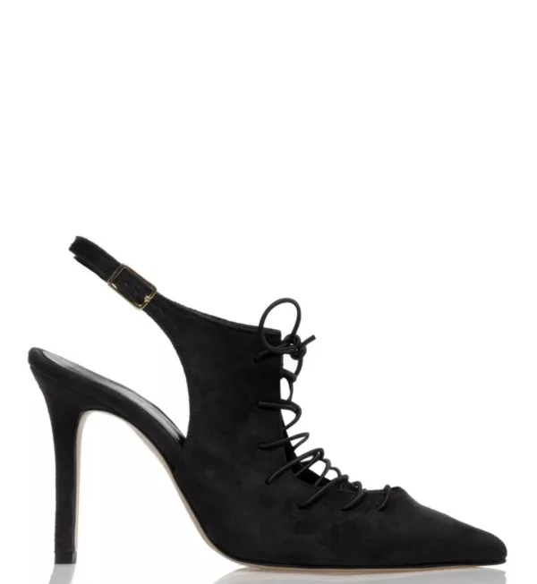 Sales! 281 Sante Μαύρες Γυναικείες Γόβες Suede με Δέσιμο Κορδόνι και Slingback Λουράκι