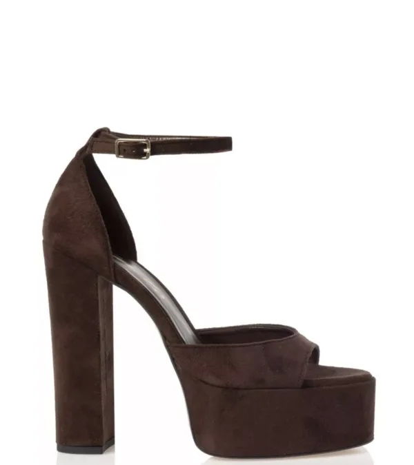 Sales! 294 Sante Καφέ Πέδιλο Suede με Χοντρό Τακούνι και Λουράκι στον Αστράγαλο