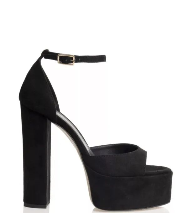 Sales! 293 Sante Μαύρo Πέδιλο Suede με Χοντρό Τακούνι και Λουράκι στον Αστράγαλο