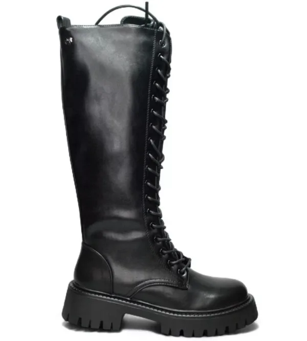 Sales! 316 Μπότα Envie Μαύρη Δερμάτινη Ψηλή Μπότα με Κορδόνια