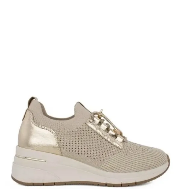 Sneaker Seven με πλεκτό ύφασμα & πλατφόρμα – Μπεζ/Χρυσό