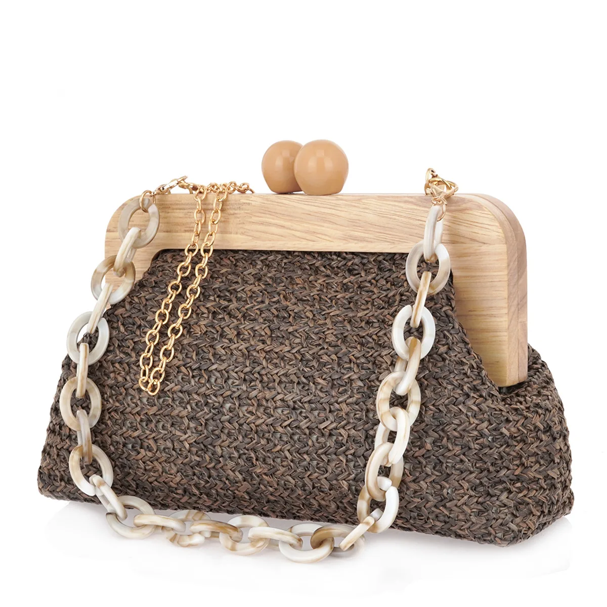 EXE Ψάθινη Clutch Τσάντα με Ξύλινο Κούμπωμα & Αλυσίδα Καφέ 2 EXE Ψάθινη Clutch Τσάντα με Ξύλινο Κούμπωμα & Αλυσίδα Καφέ - Image 2