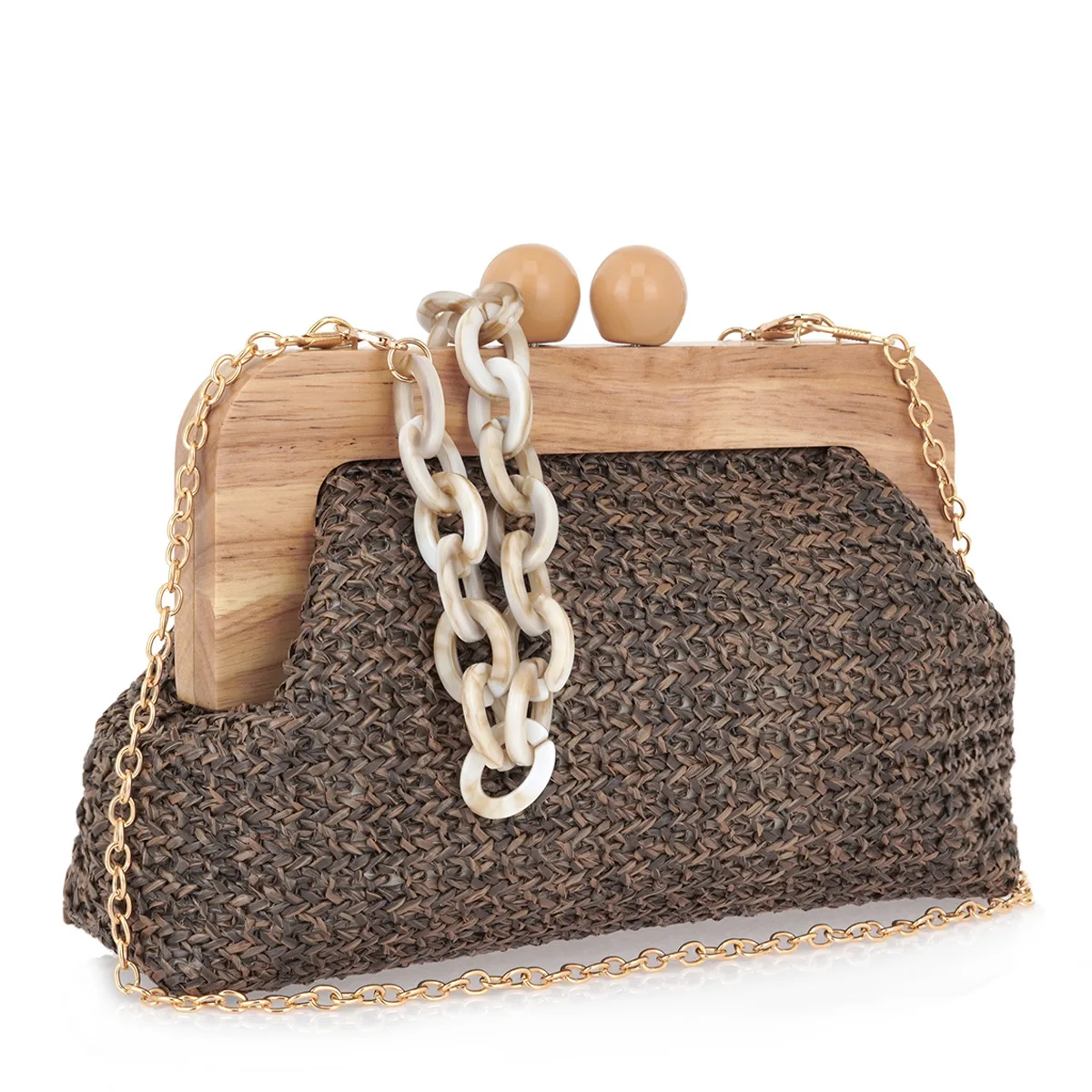 EXE Ψάθινη Clutch Τσάντα με Ξύλινο Κούμπωμα & Αλυσίδα Καφέ 3 EXE Ψάθινη Clutch Τσάντα με Ξύλινο Κούμπωμα & Αλυσίδα Καφέ - Image 3