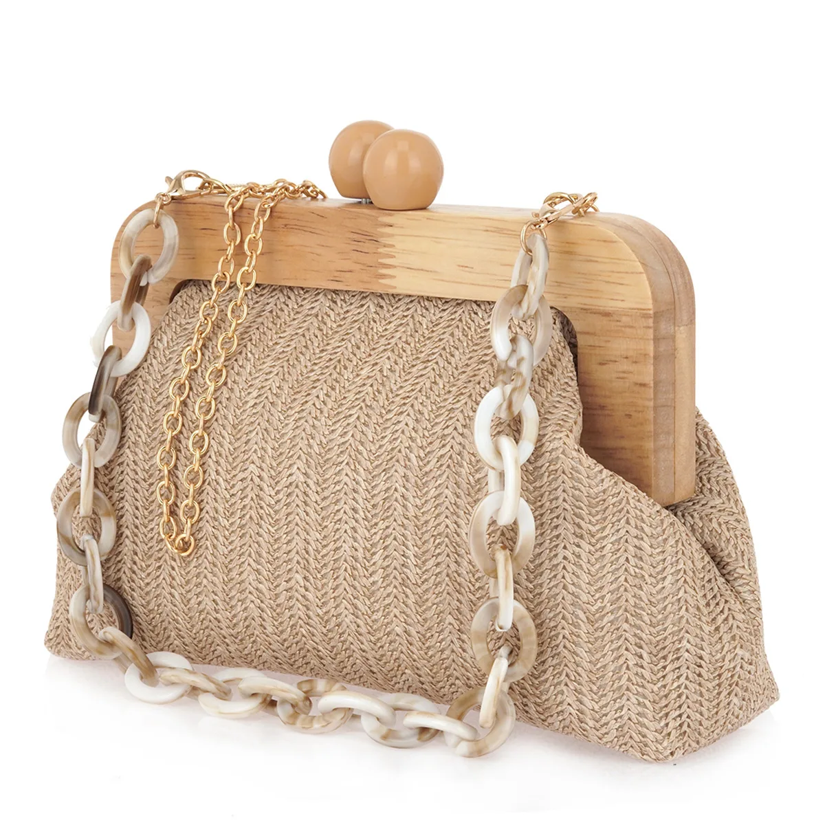 EXE Ψάθινη Clutch Τσάντα με Ξύλινο Κούμπωμα & Αλυσίδα Beige 2 EXE Ψάθινη Clutch Τσάντα με Ξύλινο Κούμπωμα & Αλυσίδα Beige - Image 2