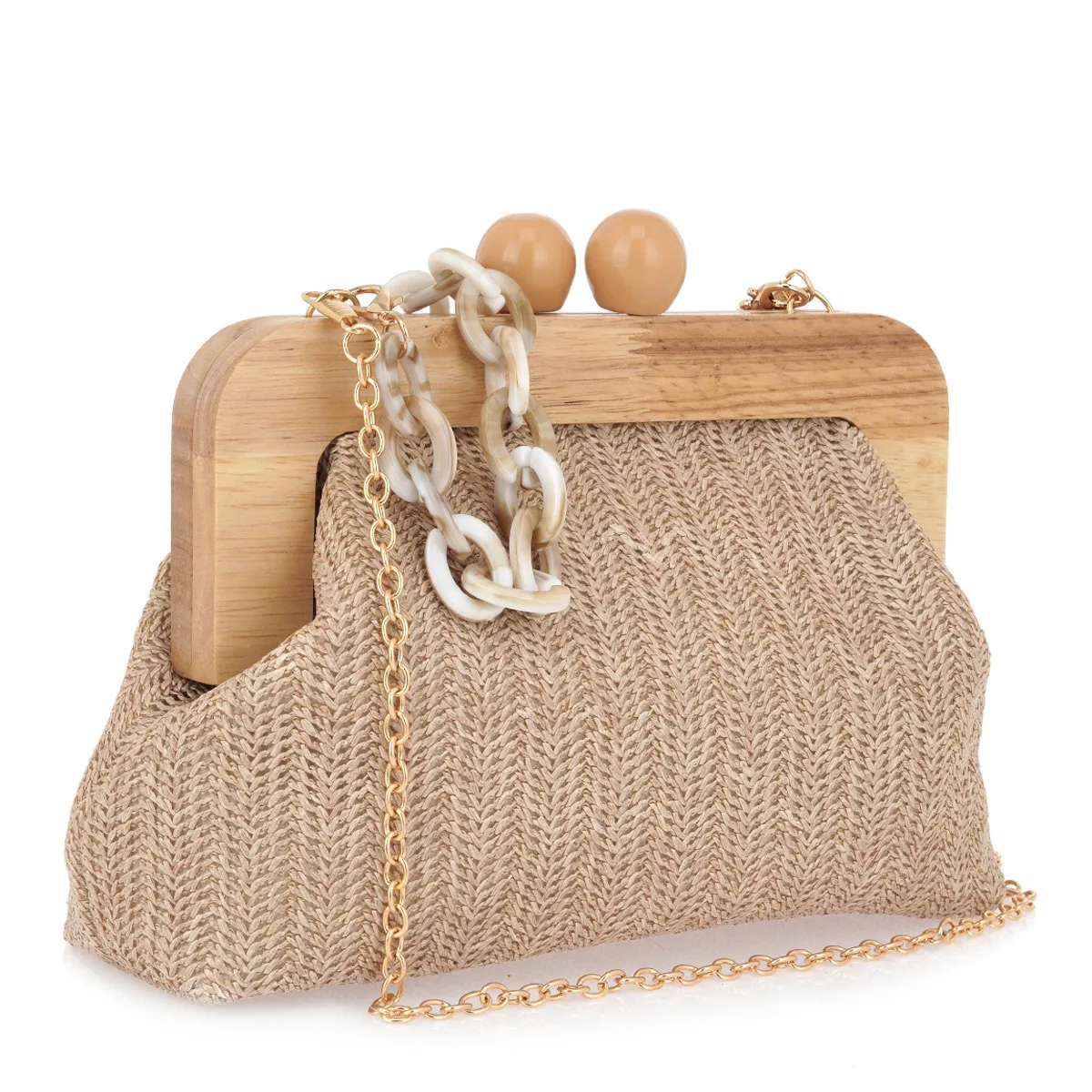 EXE Ψάθινη Clutch Τσάντα με Ξύλινο Κούμπωμα & Αλυσίδα Beige 3 EXE Ψάθινη Clutch Τσάντα με Ξύλινο Κούμπωμα & Αλυσίδα Beige - Image 3