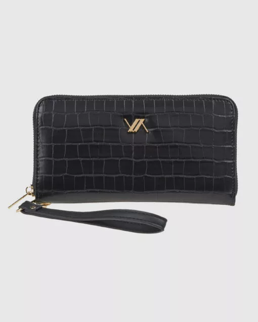 VERDE Γυναικείο Μαύρο Πορτοφόλι Κροκό με Χρυσές Λεπτομέρειες
