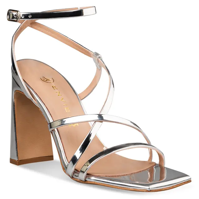 Envie Shoes Ασημί Πέδιλα Slim Block Heel με Λουράκια 2 Envie Shoes Ασημί Πέδιλα Slim Block Heel με Λουράκια - Image 2