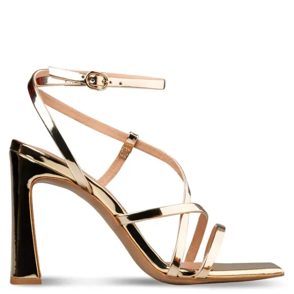 Sales! 327 Envie Shoes Χρυσά Πέδιλα Slim Block Heel με Λουράκια