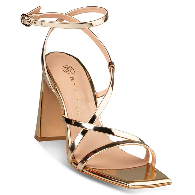 Envie Shoes Χρυσά Πέδιλα Slim Block Heel με Λουράκια 2 Envie Shoes Χρυσά Πέδιλα Slim Block Heel με Λουράκια - Image 2
