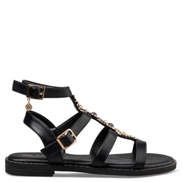 Sales! 496 Envie Shoes Μαύρα Flat Σανδάλια με Διακοσμητική Αλυσίδα