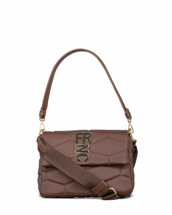 FRNC Καφέ Καπιτονέ Τσάντα Ώμου Μεσαίου Μεγέθους με Καπάκι & Λουρί Χιαστί