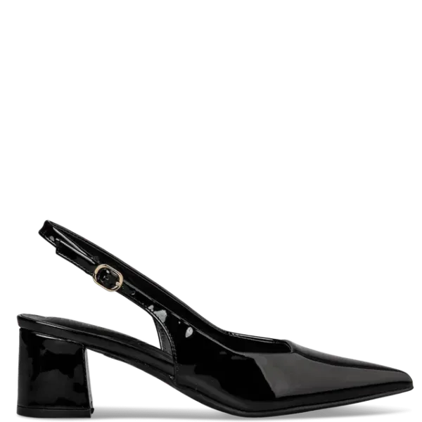 Envie Slingback Γόβα Μαύρη Λουστρίνι με Μυτερή Γραμμή & Μεσαίο Τακούνι
