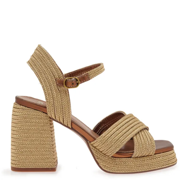 Exe Γυναικεία Πέδιλα Πλατφόρμα Ψάθινα Μπεζ με Χοντρό Τακούνι