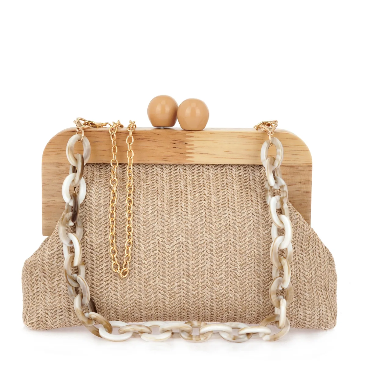 EXE Ψάθινη Clutch Τσάντα με Ξύλινο Κούμπωμα & Αλυσίδα Beige 1 EXE Ψάθινη Clutch Τσάντα με Ξύλινο Κούμπωμα & Αλυσίδα Beige