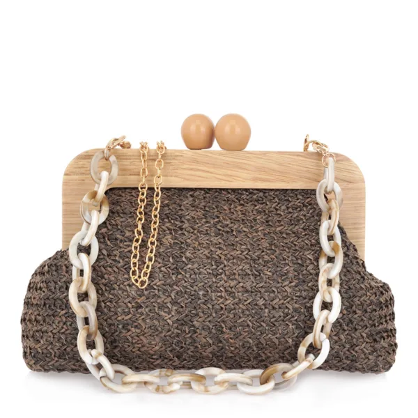 EXE Ψάθινη Clutch Τσάντα με Ξύλινο Κούμπωμα & Αλυσίδα Καφέ