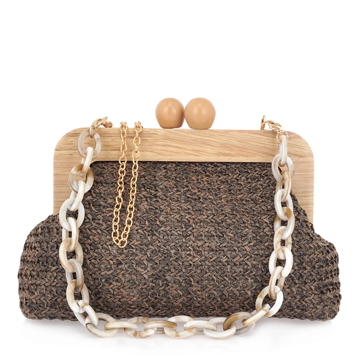 EXE Ψάθινη Clutch Τσάντα με Ξύλινο Κούμπωμα & Αλυσίδα Καφέ 1 EXE Ψάθινη Clutch Τσάντα με Ξύλινο Κούμπωμα & Αλυσίδα Καφέ